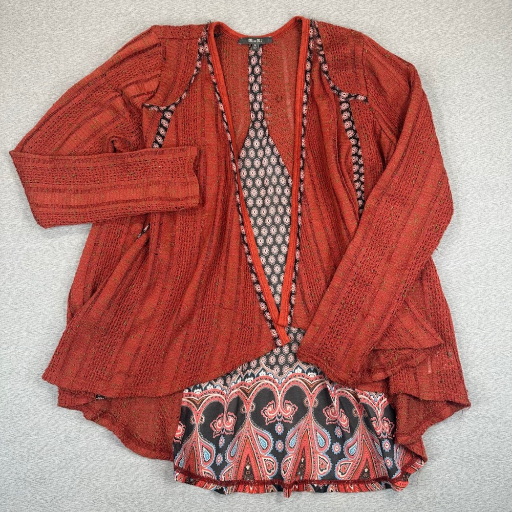 Miss‎ Me Open Front Cardigan Womens Medium Burnt Orange Paisley Mixed Media